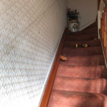 Existing staircase with old carpet and dated handrail