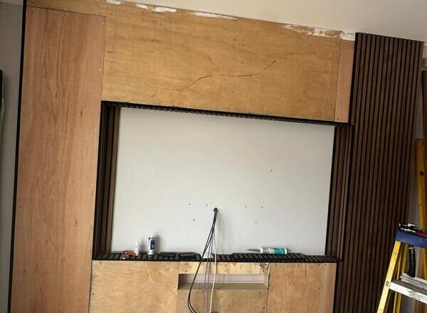 Media wall build in Woodford Green with TV recess and prepared backing panels.